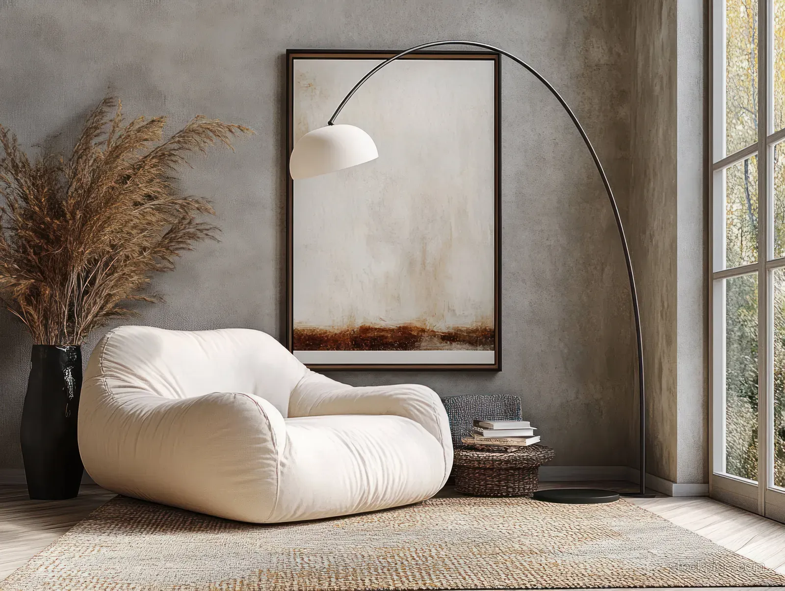 Cream armchair beside an arched floor lamp in a sunlit living room, with a blank framed artwork on the wall.