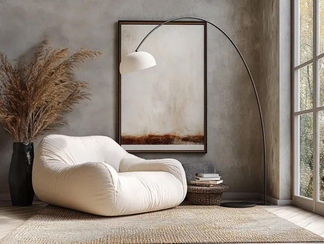 Cream armchair beside an arched floor lamp in a sunlit living room, with a blank framed artwork on the wall.