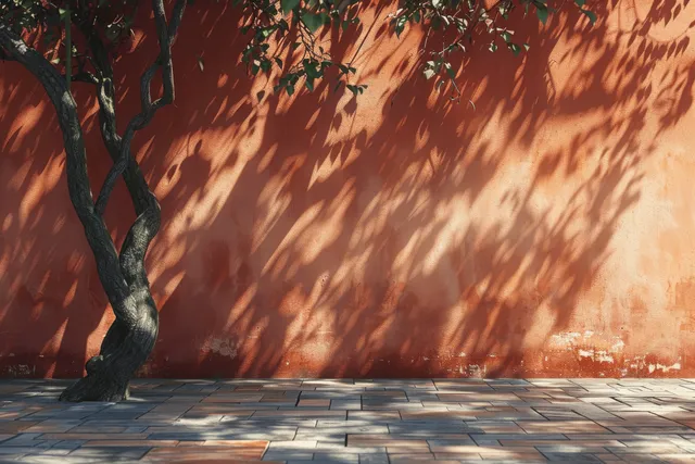 A tree trunk casts dappled shadows on a terracotta wall and tiled stone walkway in summer sunlight.