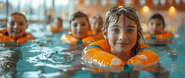Smiling child in an orange life jacket swims toward the camera in an indoor pool with other kids behind.
