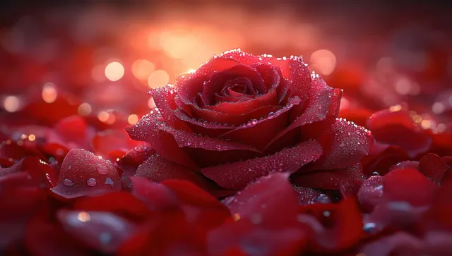 Red rose close-up with water droplets, scattered petals, and warm bokeh lights