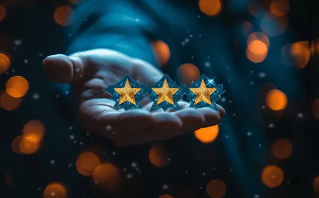A businessman’s hands present a glowing golden five-star quality badge against a dark bokeh background.