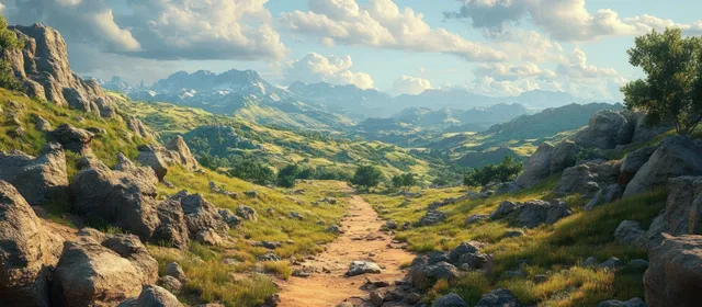 A rocky mountain hiking trail winds through green grassy hills toward distant mountains under a blue cloudy sky.