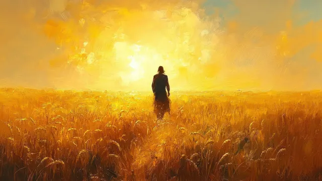 Lone silhouette walks a path through a golden wheat field under glowing sunset light