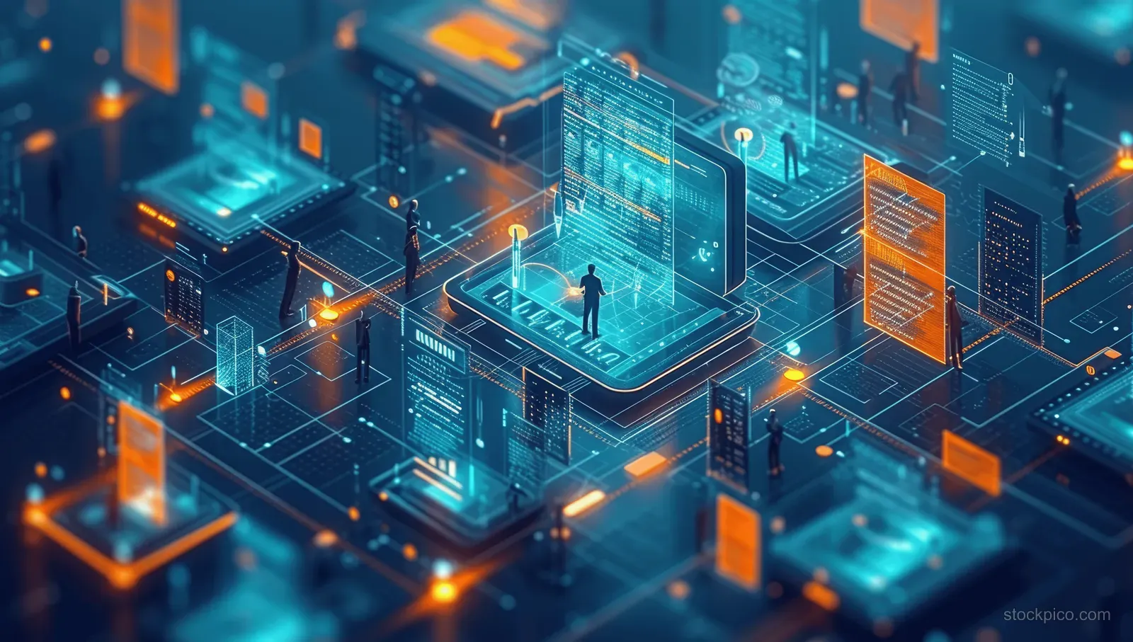 Isometric digital document network with glowing compliance panels and secure record nodes.