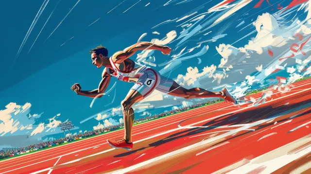 Great Britain sprinter runs a 200m sprint on a lit track with dramatic motion blur and blue sky background.