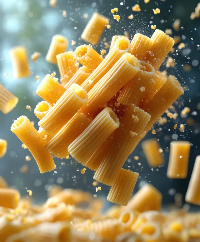 Dried cannelloni pasta tubes floating against a white studio background with crisp shadows.
