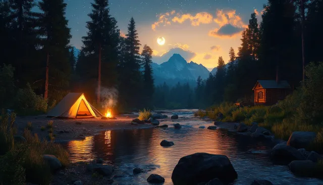 A glowing tent and campfire sit by a river at night with pine trees, a cabin, mountains, and a full moon.