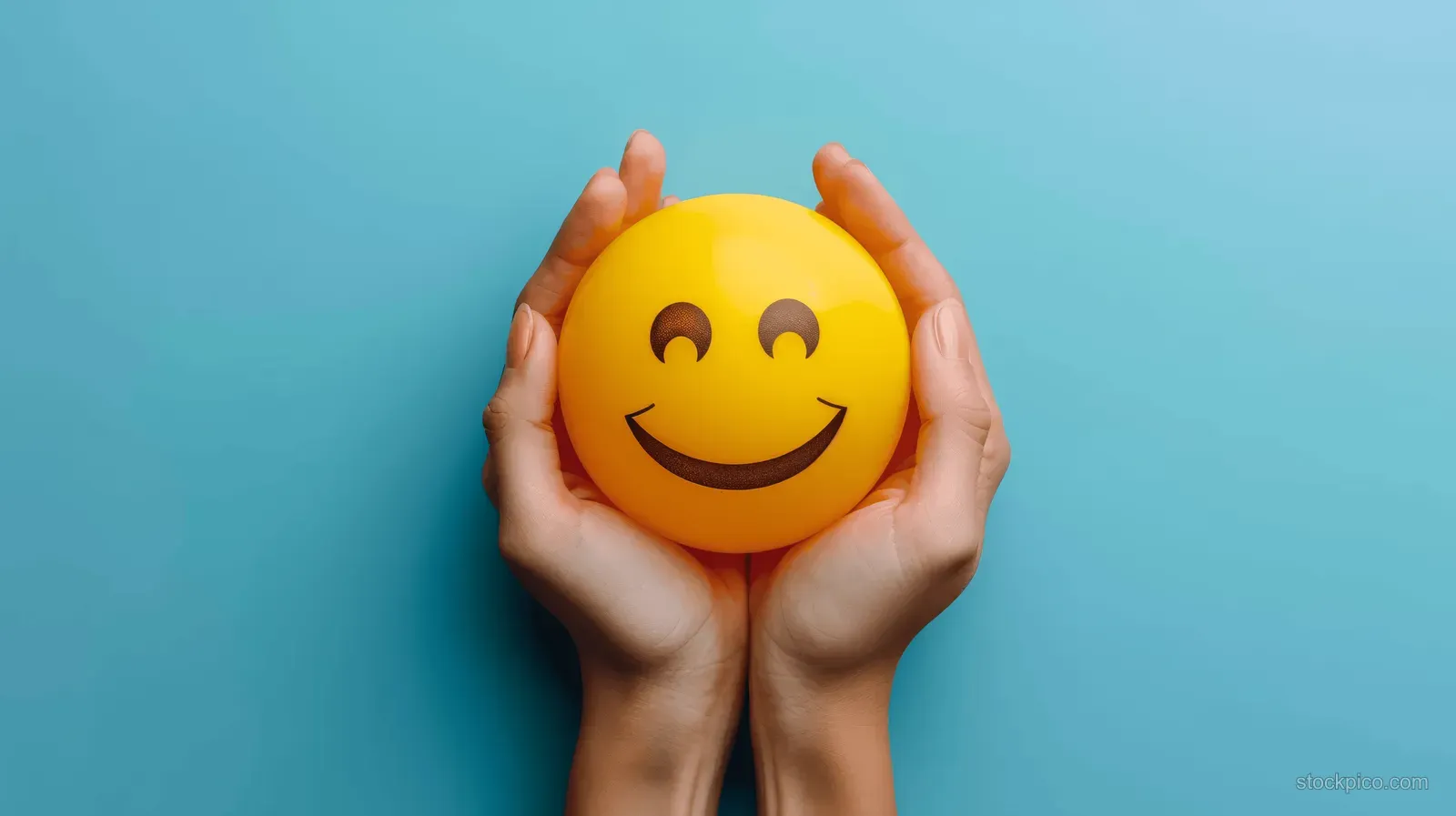 Hands holding a yellow smiley stress ball on a solid blue background.
