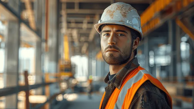 Construction worker in a high-visibility vest stands at an industrial steel-beam site with scaffolding behind.