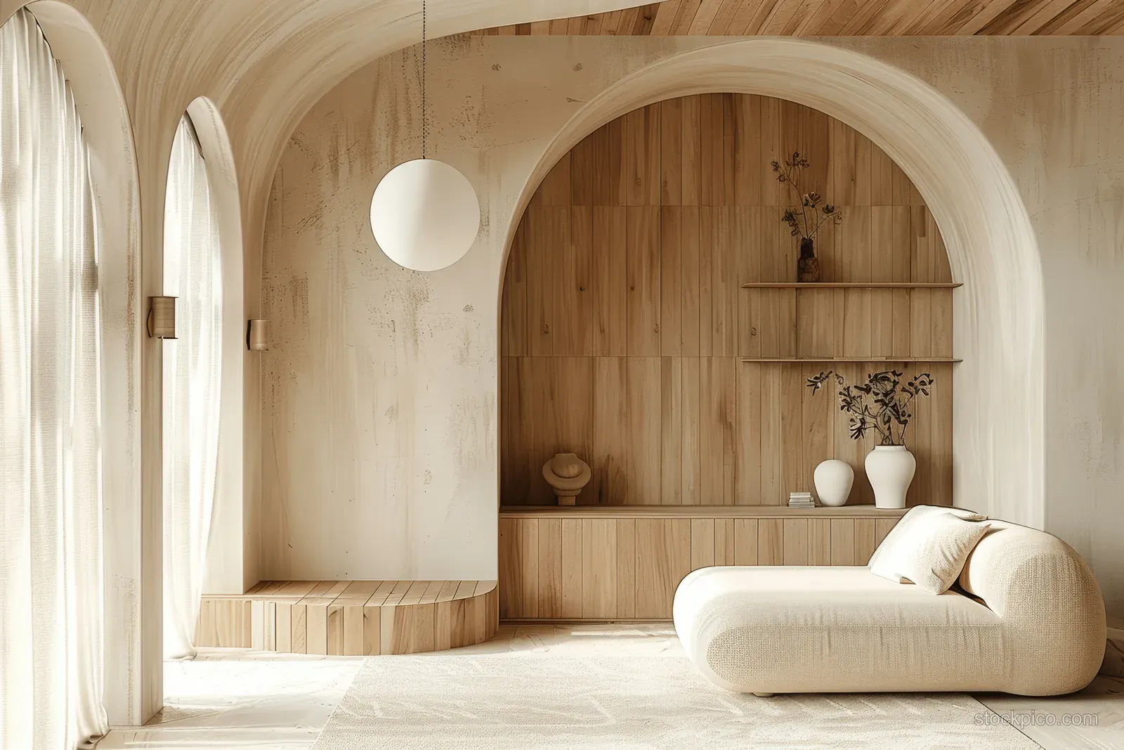 Minimal Japandi living room with wooden archways, beige walls, and a lounge chair under a round pendant light.