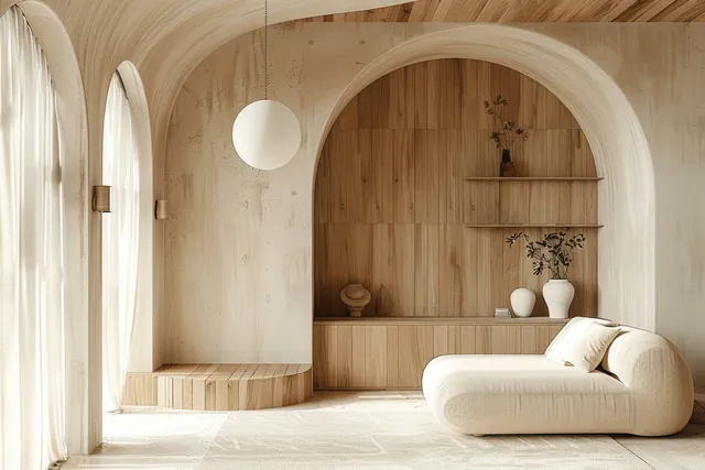 Minimal Japandi living room with wooden archways, beige walls, and a lounge chair under a round pendant light.