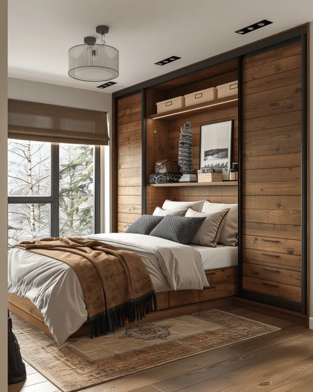 Scandinavian bedroom with a sliding wardrobe in white and warm wood beside an unmade bed.