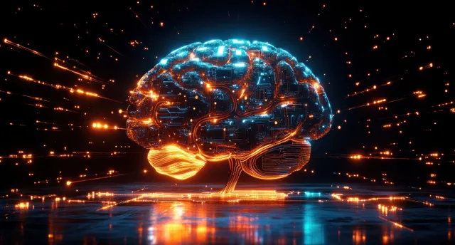 A glowing digital brain made of circuitry emits orange and blue light trails over a reflective surface.