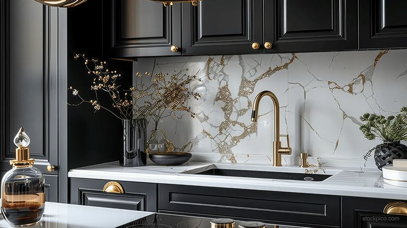 Black kitchen cabinets frame a white marble backsplash with a golden faucet and polished countertop surfaces.
