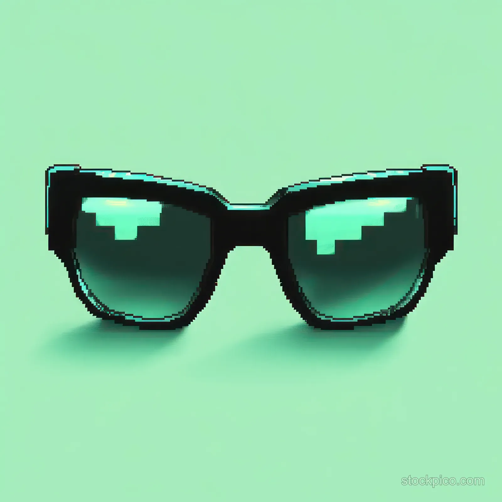 Black pixel-style sunglasses are centered on a smooth mint gradient background with a faint glow.