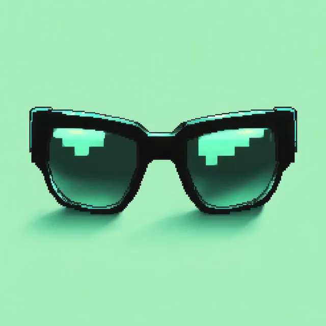 Black pixel-style sunglasses centered on a mint gradient background with subtle glow