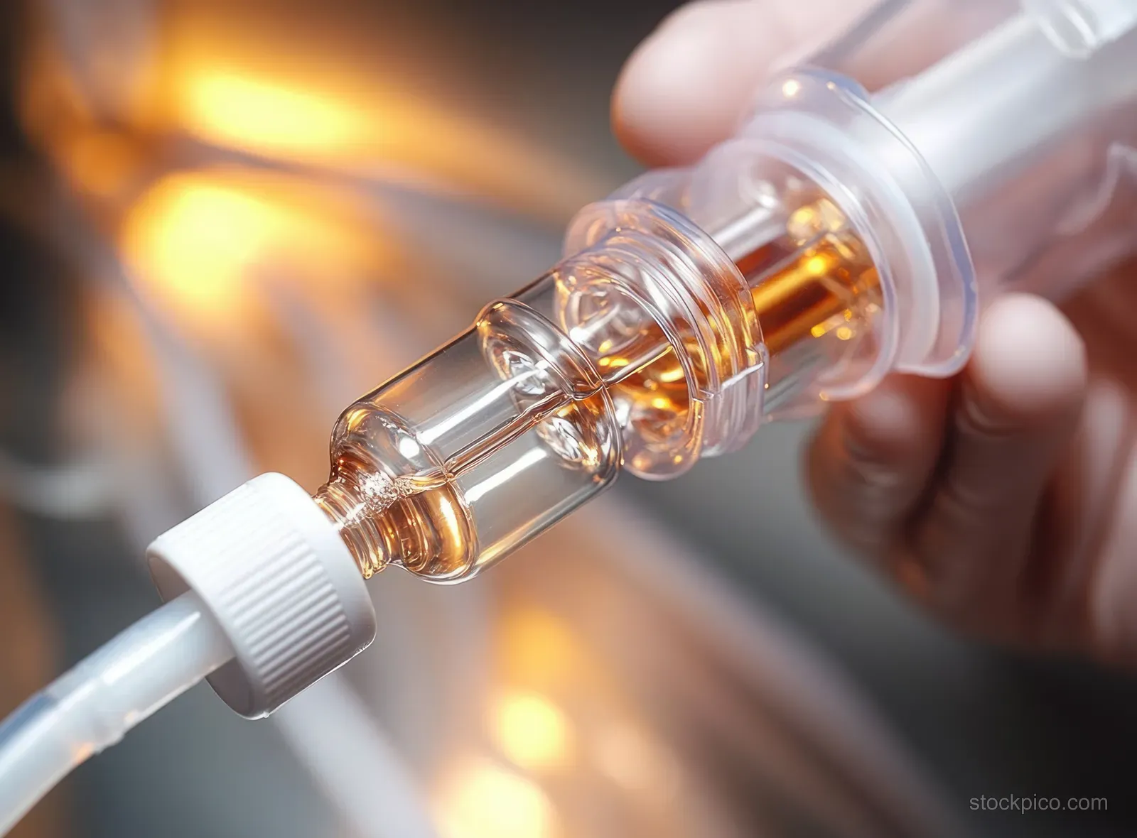 A hand holds a transparent IV drip chamber filled with amber fluid.