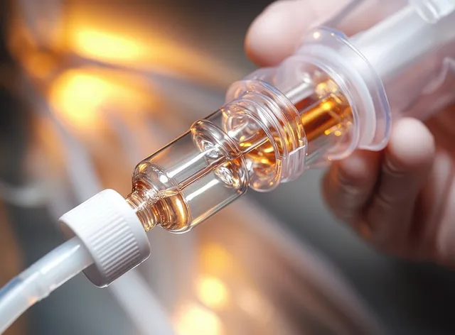 A hand holds a transparent IV drip chamber filled with amber fluid.