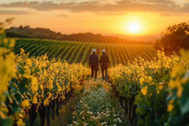 Vineyard workers walking at sunset through golden rows, impressionist landscape glow