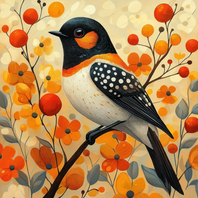 Folk art bird perched on a branch with orange blossoms and warm decorative patterns on a light background.