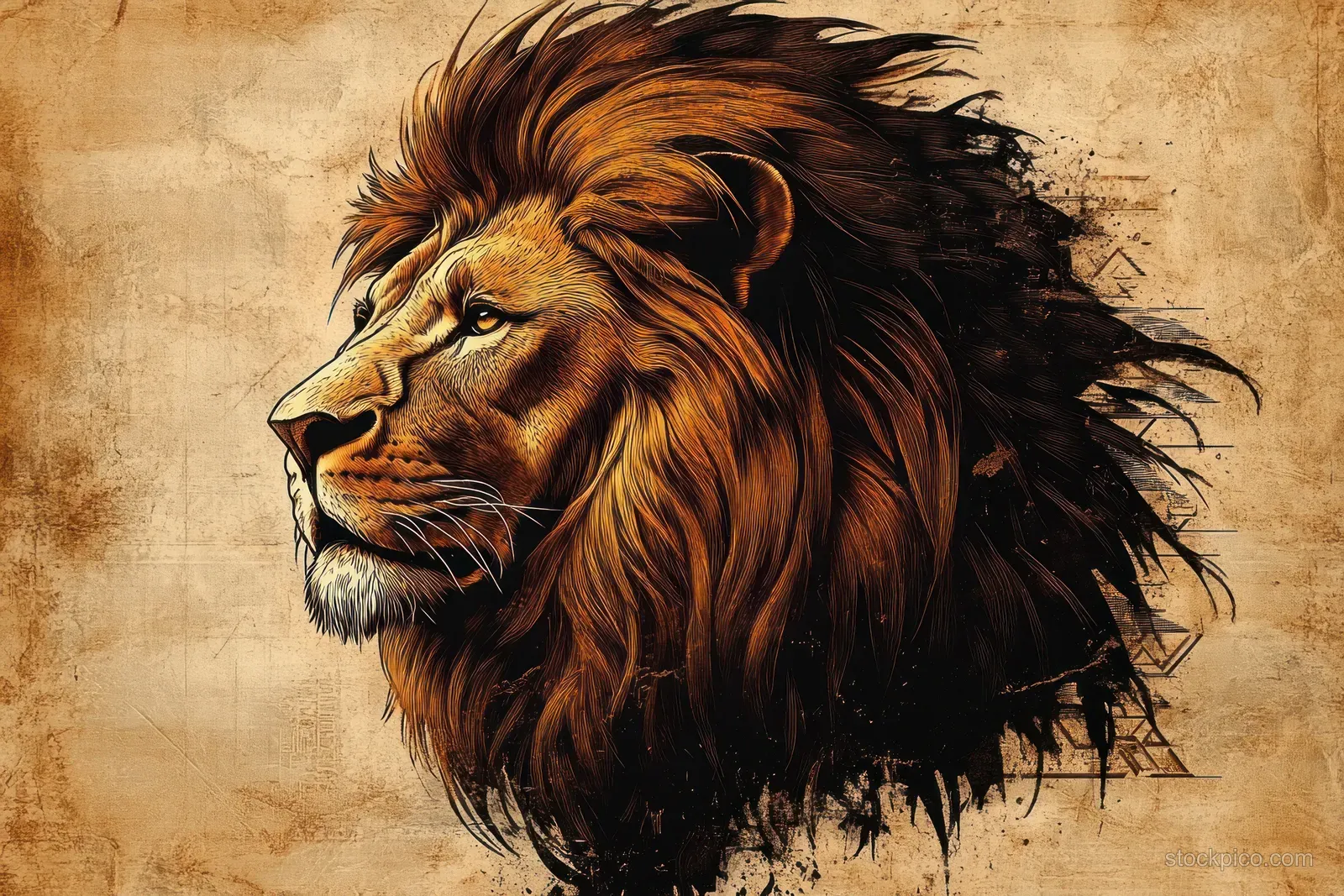 A detailed lion head with a flowing mane appears against a rough vintage textured background.