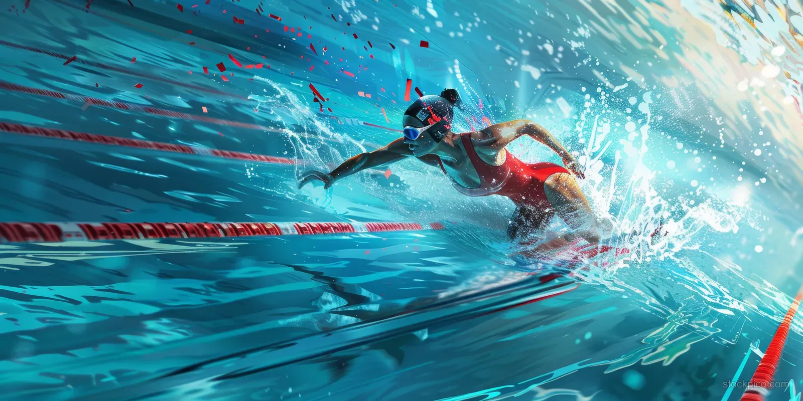 A female backstroke swimmer races through a futuristic pool lane as water splashes and speed streaks flare behind her.