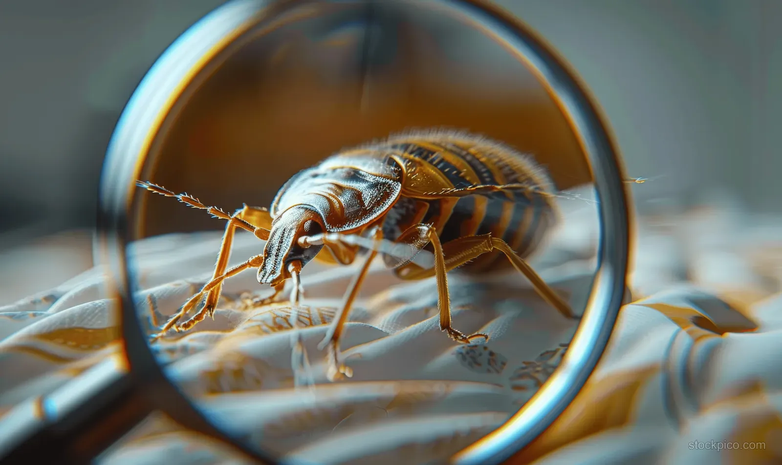 A bedbug is viewed through a magnifying glass on a wrinkled bedsheet.