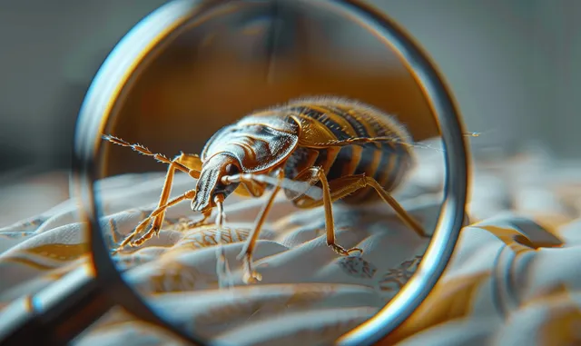A bedbug is viewed through a magnifying glass on a wrinkled bedsheet.