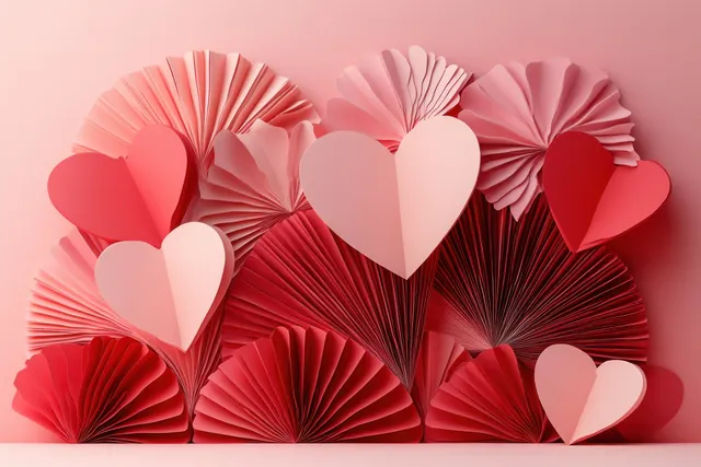 Red and pink paper hearts float above pink podium shapes on a soft pastel background.