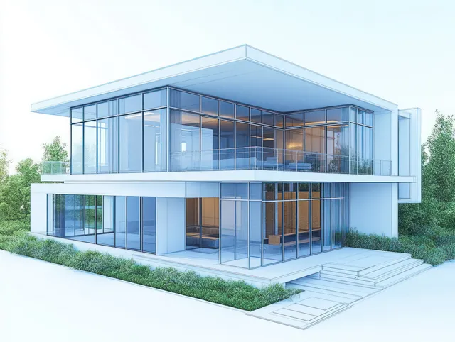 Two-story modern house with white façade, floor-to-ceiling glass windows, and outdoor steps leading into a bright entrance.