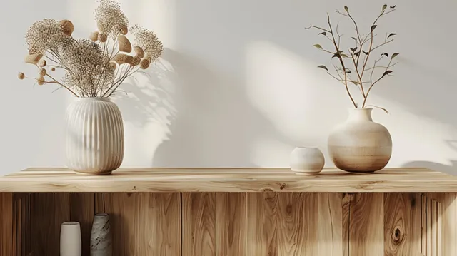 Minimalist light-wood sideboard with a vase of dried branches and smaller decor pieces under soft daylight shadows.