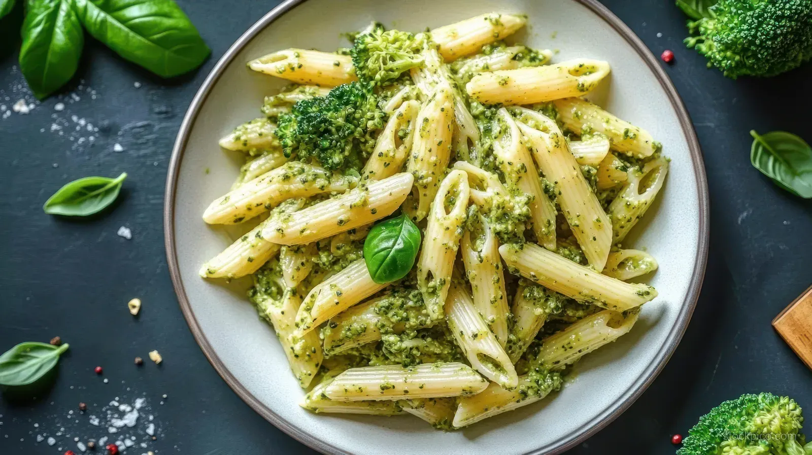 Penne pasta with broccoli and green basil pesto sits on a dark plate with scattered basil leaves and herb flakes.
