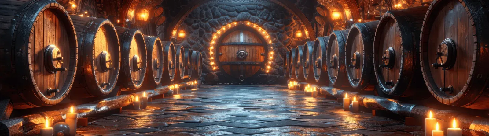 Underground beer tunnel filled with glowing barrels, candles, and a narrow water channel under stone walls.