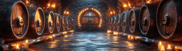 Underground beer tunnel filled with glowing barrels, candles, and a narrow water channel under stone walls.