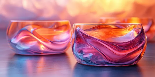 Two glass bowls on a reflective surface show swirling blue-purple and orange liquid glowing under soft backlight.