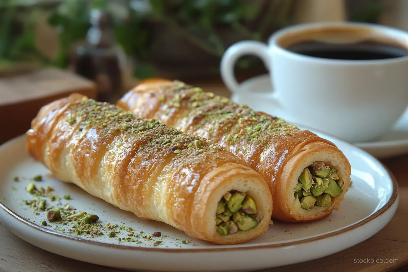 Pistachio cream cannoli on a white plate beside an espresso cup with warm morning lighting.