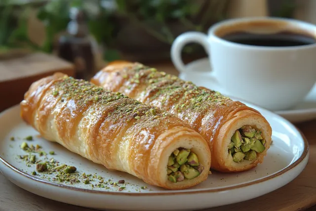 Pistachio cream cannoli on a white plate beside an espresso cup with warm morning lighting.