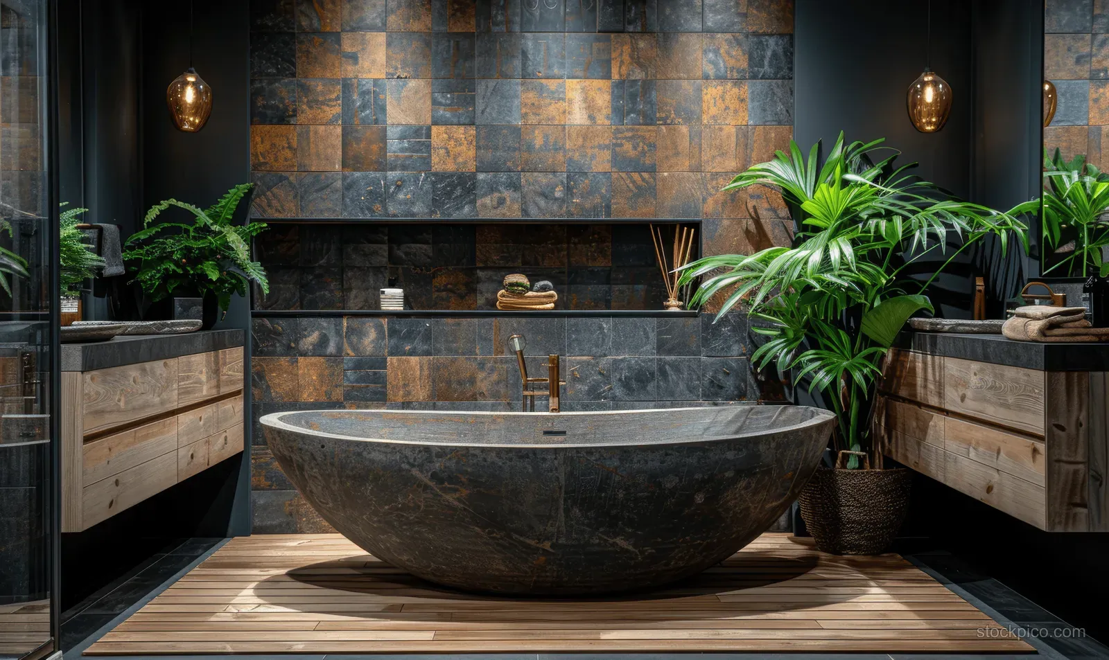 Spa-like modern bathroom with a natural stone bathtub, double vanity, green plants, and dark tiled walls under warm light.