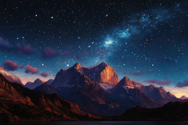 Warm sunset light illuminates a dark mountain range under a starry night sky with visible Milky Way and clouds.