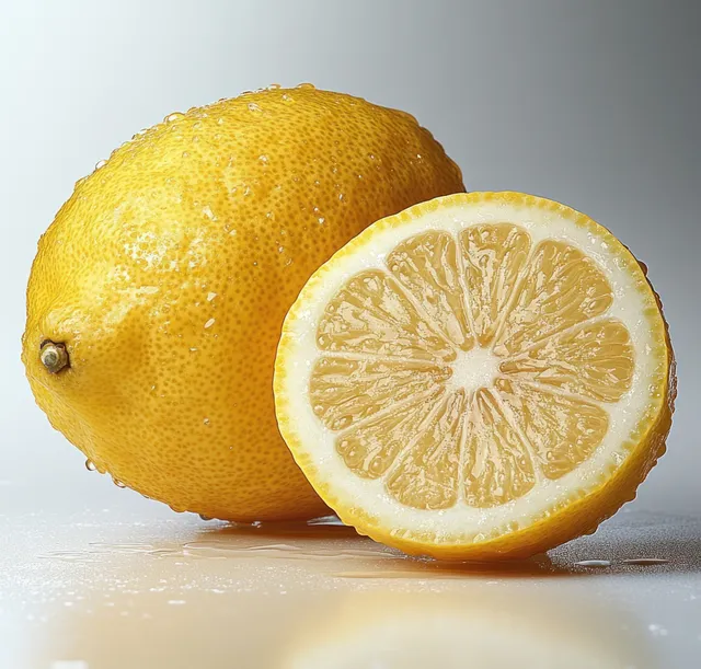 A whole lemon and a cut lemon half with visible water droplets sit on a reflective surface.