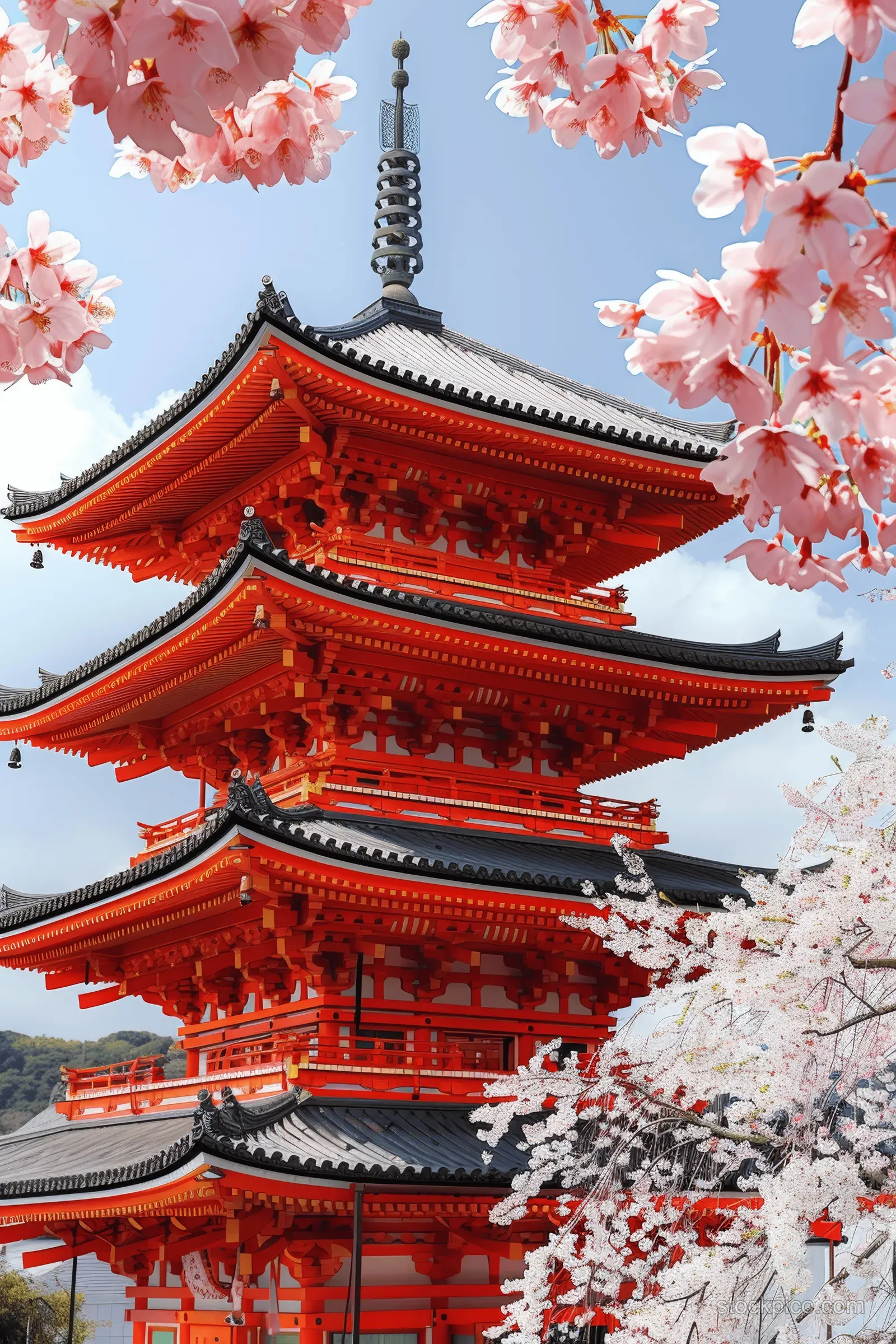 Red Kyoto pagoda stands behind pink cherry blossoms with petals against a bright spring sky.