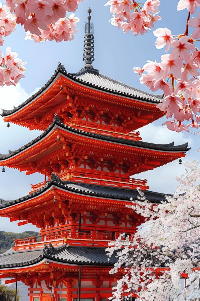 Red Kyoto pagoda stands behind pink cherry blossoms with petals against a bright spring sky.