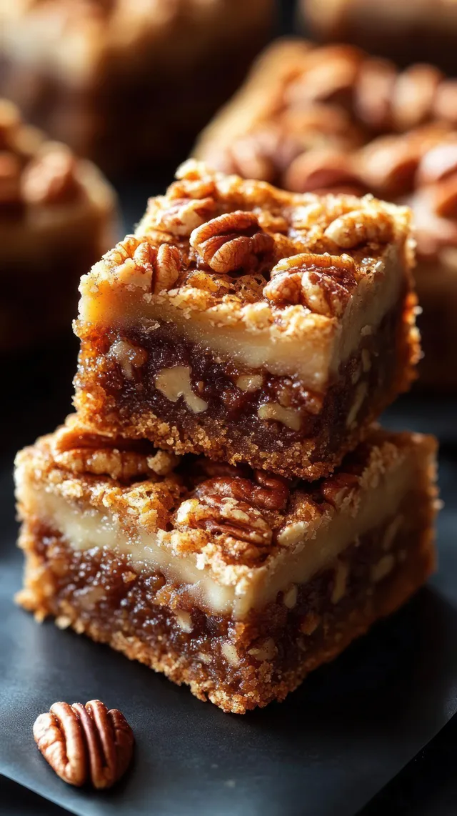 Two stacked pecan dessert bars with crumbly crust and nutty caramel topping on a dark surface.