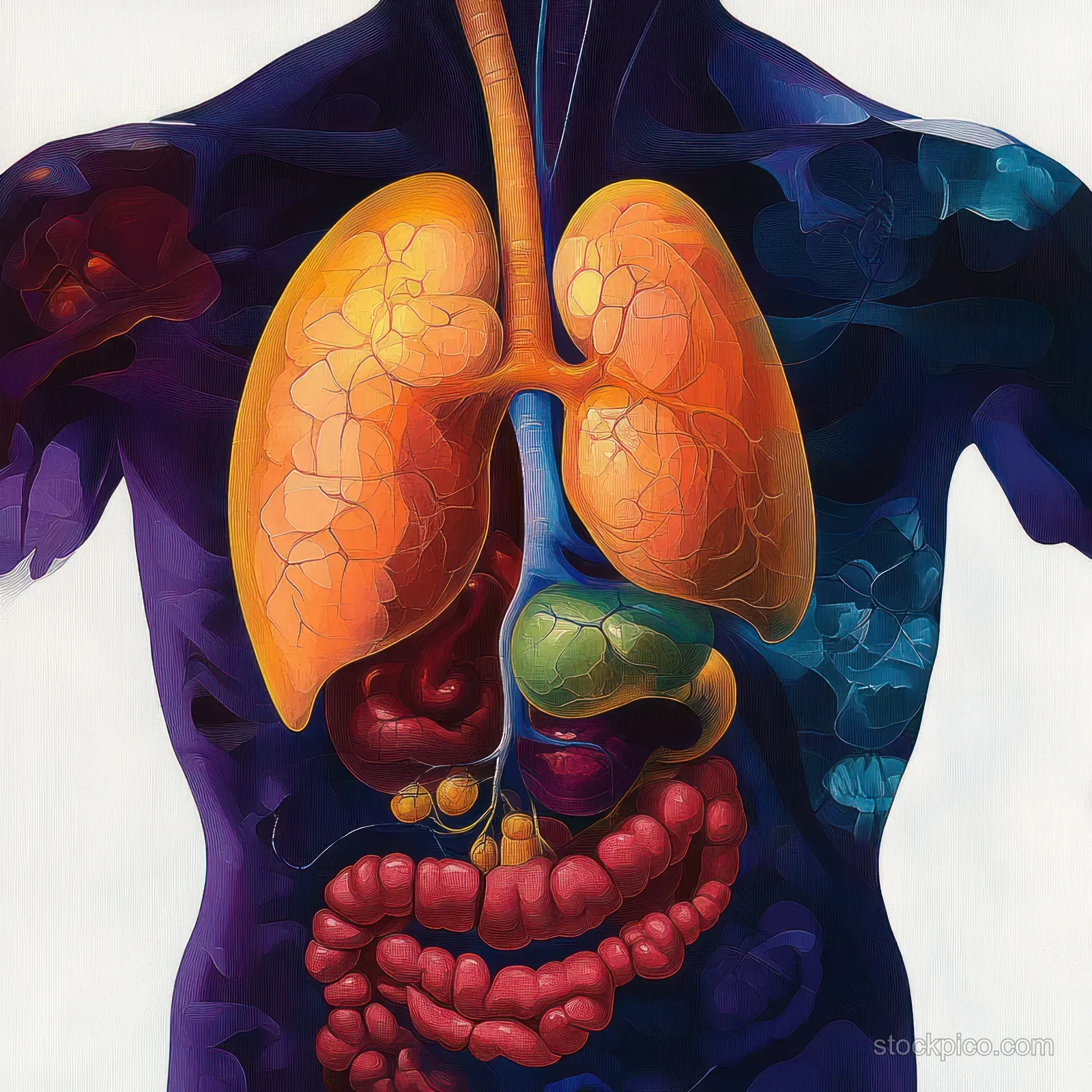 Surreal illustrated torso with liver and pancreas highlighted in bold colors against a light background.