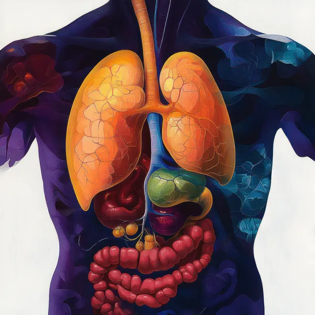 Surreal illustrated torso with liver and pancreas highlighted in bold colors against a light background.