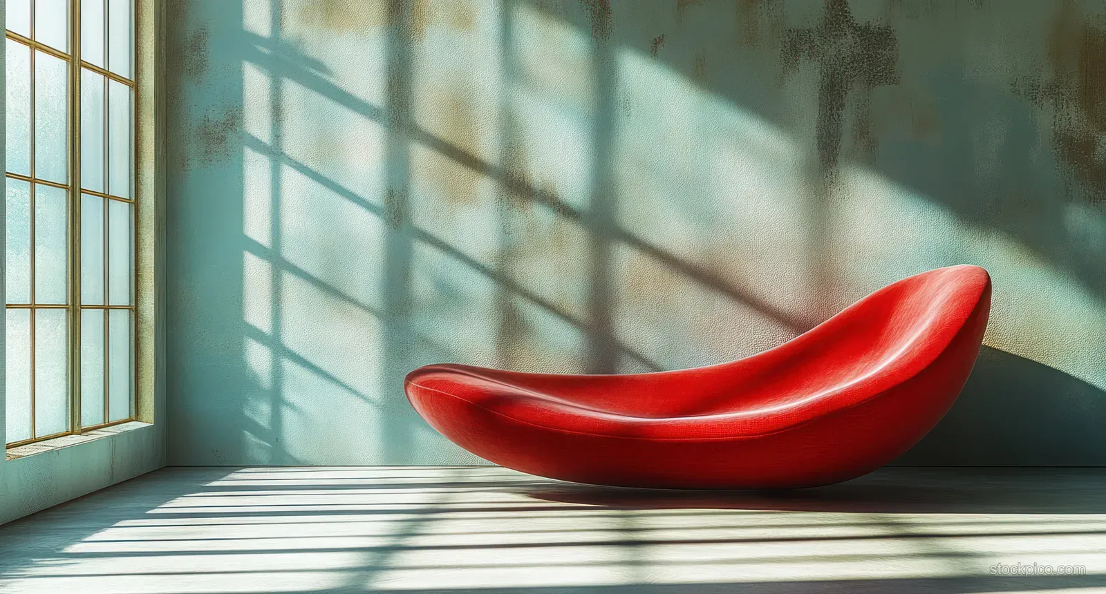 Red sculptural sofa in a bright minimalist room with window light casting sharp shadows on the floor.