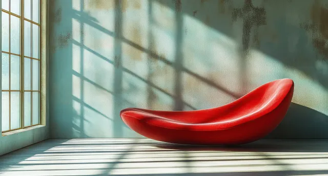 Red sculptural sofa in a bright minimalist room with window light casting sharp shadows on the floor.