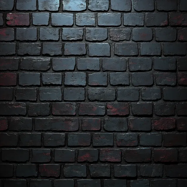 Close-up of a dark textured brick wall with rough uneven masonry and subtle red weathered highlights.