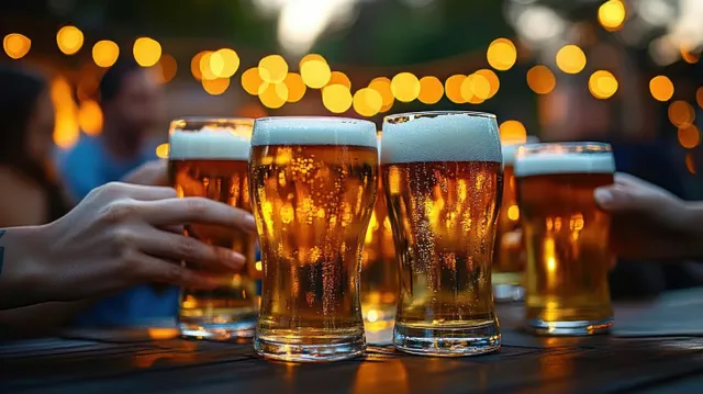 Friends clinking beer glasses at a night bar table under warm string lights